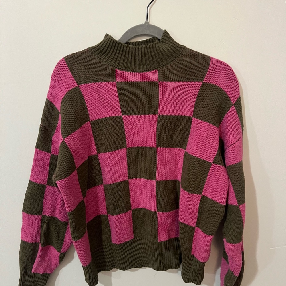 Anthropologie Pink and Green Checkered Sweater